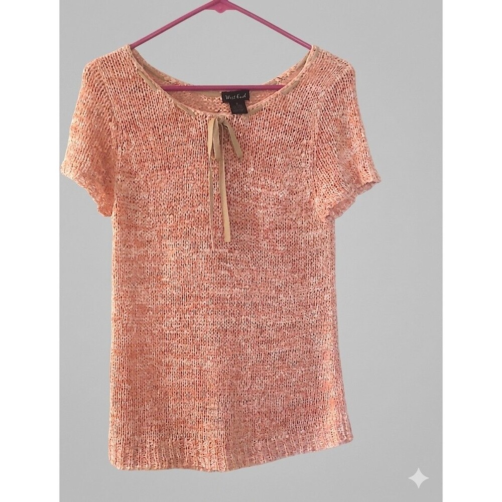 West End Women's Pink Open Knit Short Sleeve Sweater Tie Neck Lightweight M